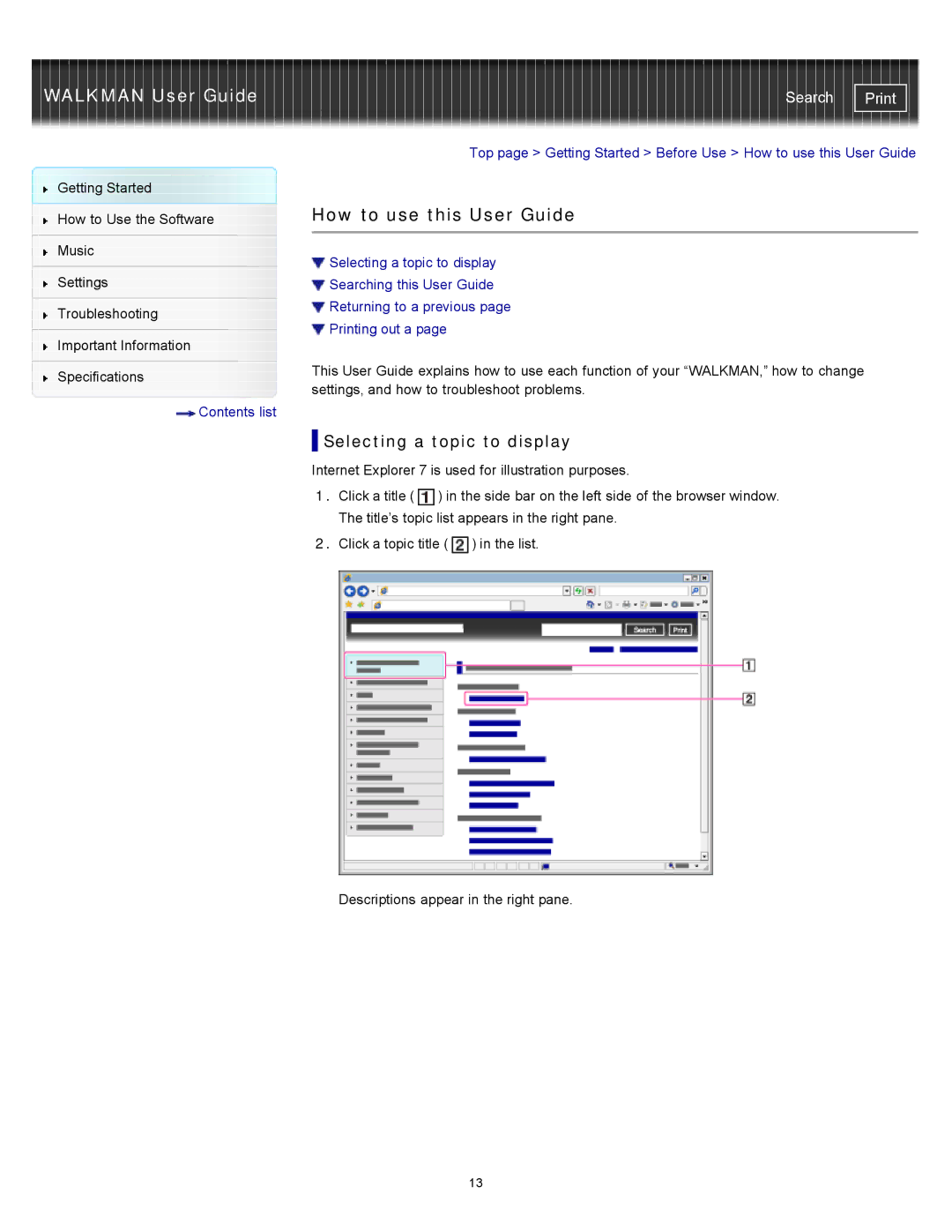 Sony NWZ-W262, NWZ-W263, NWZW262MEB, NWZW262WHI, NWZW263BLK How to use this User Guide, Selecting a topic to display 