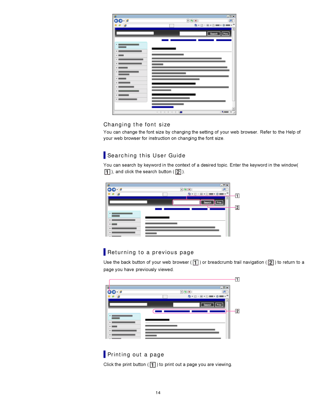 Sony NWZW262MEB, NWZ-W263 Changing the font size, Searching this User Guide, Returning to a previous, Printing out a 