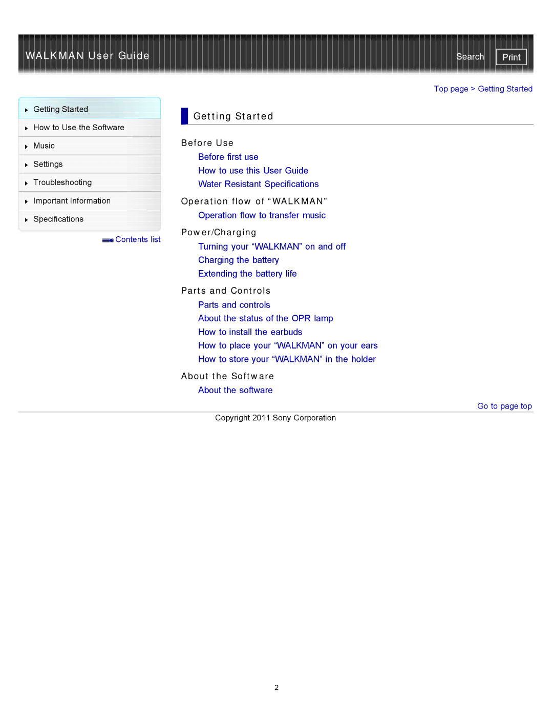 Sony NWZW262MEB, NWZ-W263, NWZ-W262, NWZW262WHI, NWZW263BLK, NWZW262BLK specifications Getting Started 