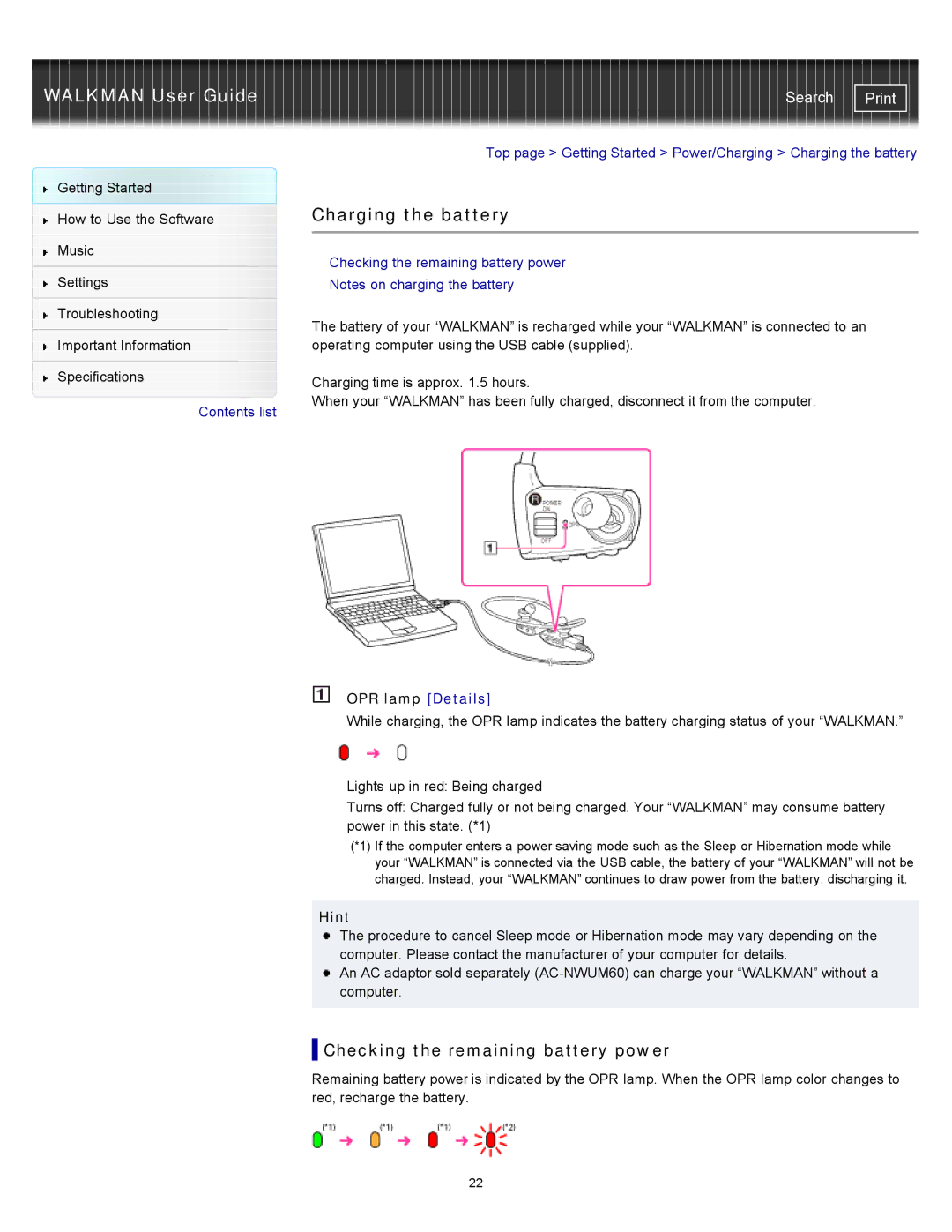 Sony NWZW263BLK, NWZ-W263, NWZ-W262, NWZW262MEB Charging the battery, Checking the remaining battery power, OPR lamp Details 