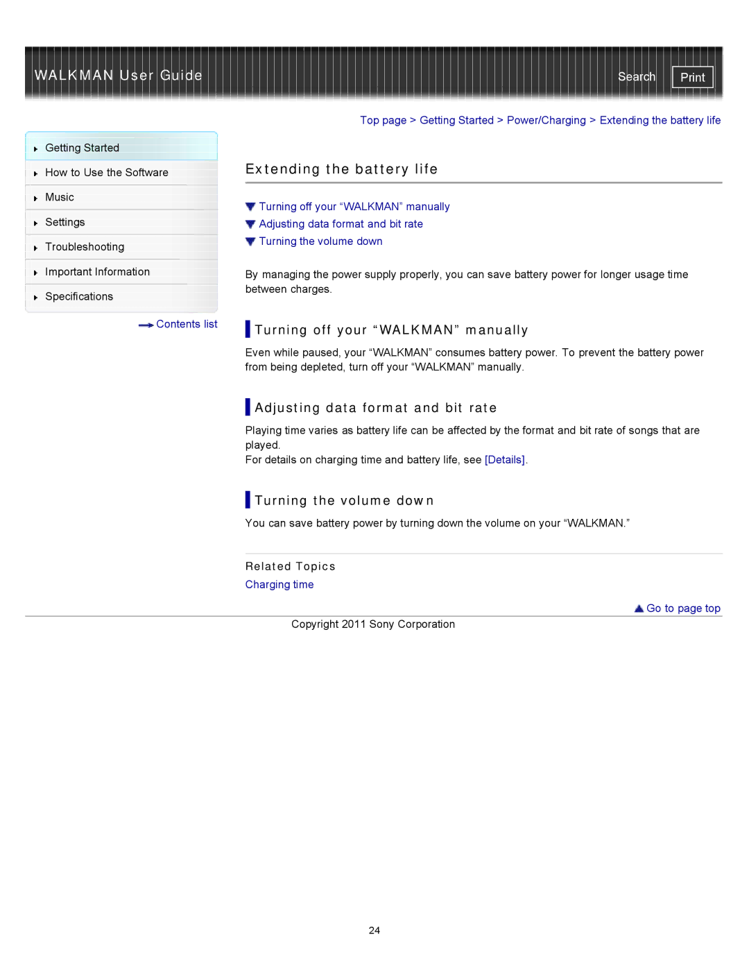 Sony NWZ-W263, NWZ-W262 Extending the battery life, Turning off your Walkman manually, Adjusting data format and bit rate 