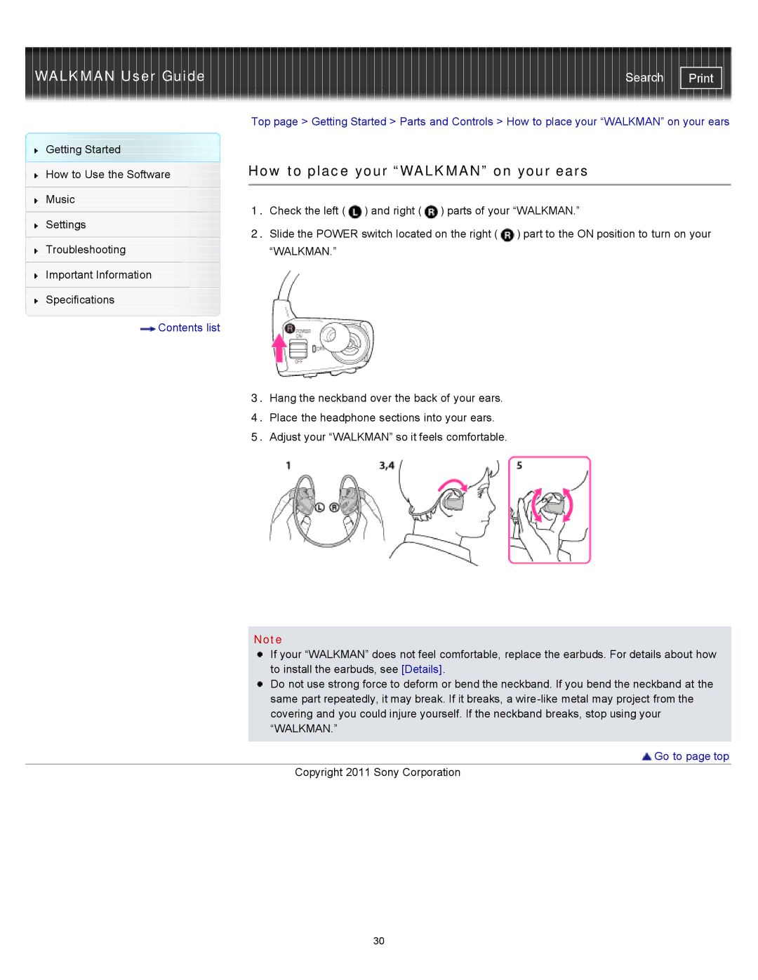 Sony NWZ-W263, NWZ-W262, NWZW262MEB, NWZW262WHI, NWZW263BLK, NWZW262BLK specifications How to place your Walkman on your ears 