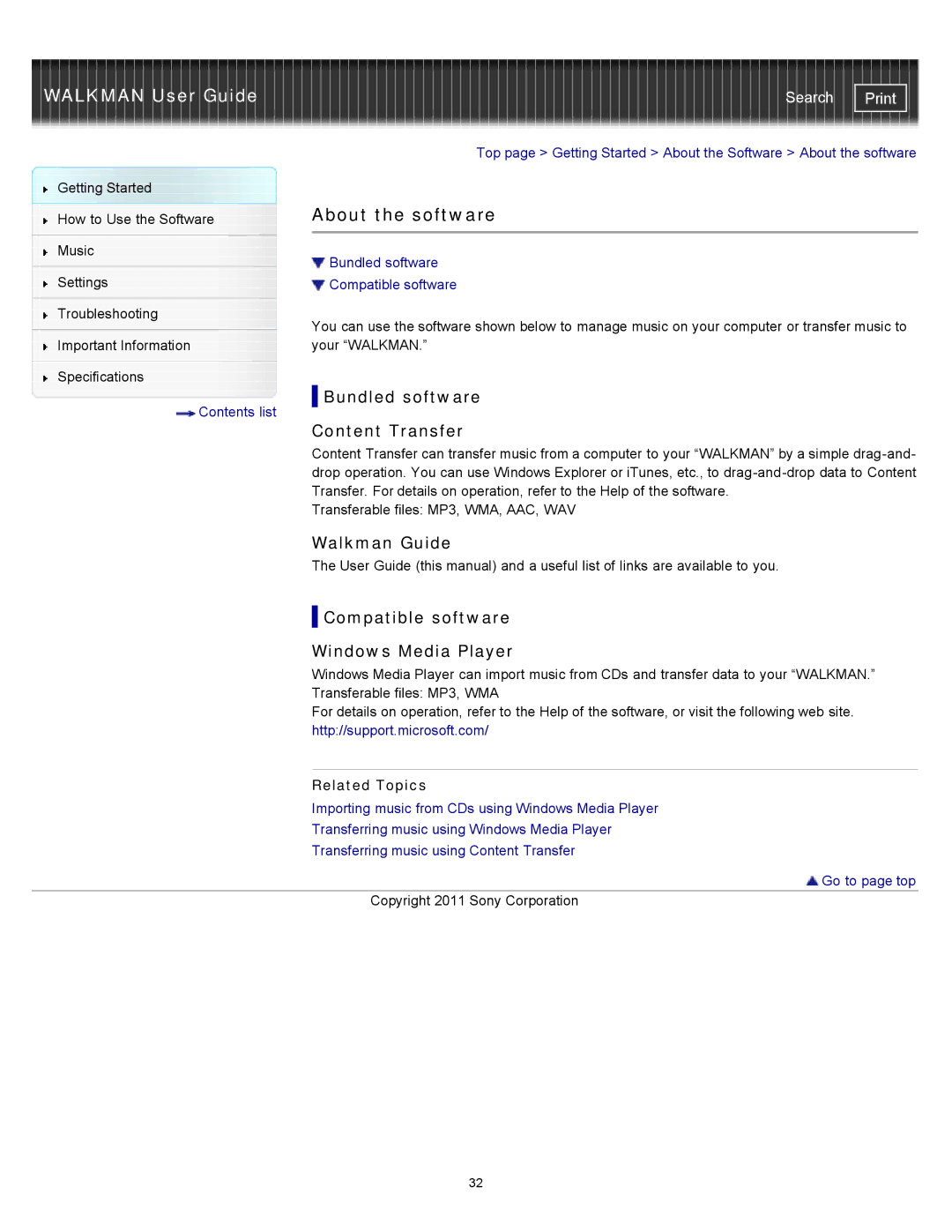 Sony NWZW262MEB, NWZ-W263, NWZ-W262, NWZW262WHI About the software, Bundled software Content Transfer, Walkman Guide 