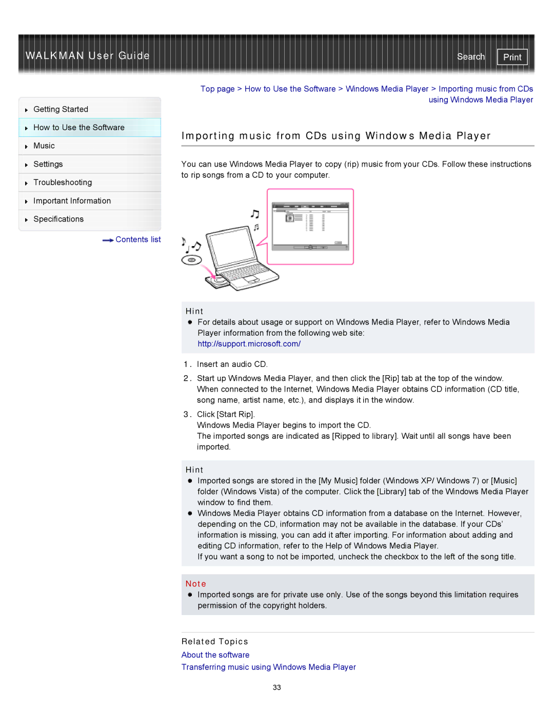 Sony NWZW262WHI, NWZ-W263, NWZ-W262, NWZW262MEB, NWZW263BLK Importing music from CDs using Windows Media Player, Hint 