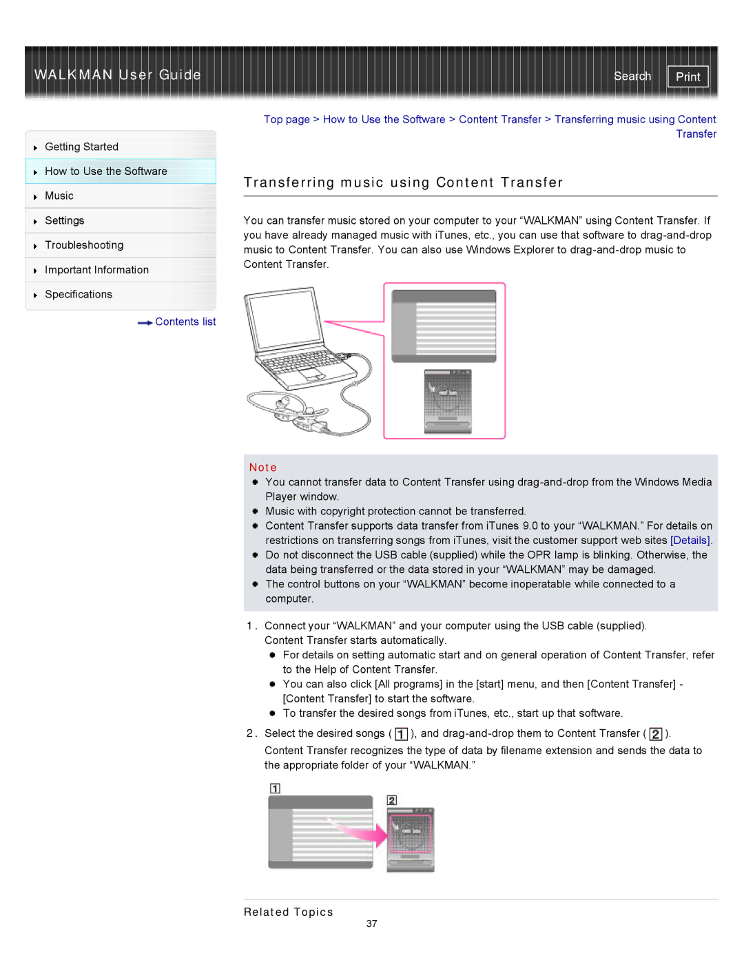 Sony NWZ-W262, NWZ-W263, NWZW262MEB, NWZW262WHI, NWZW263BLK, NWZW262BLK specifications Transferring music using Content Transfer 