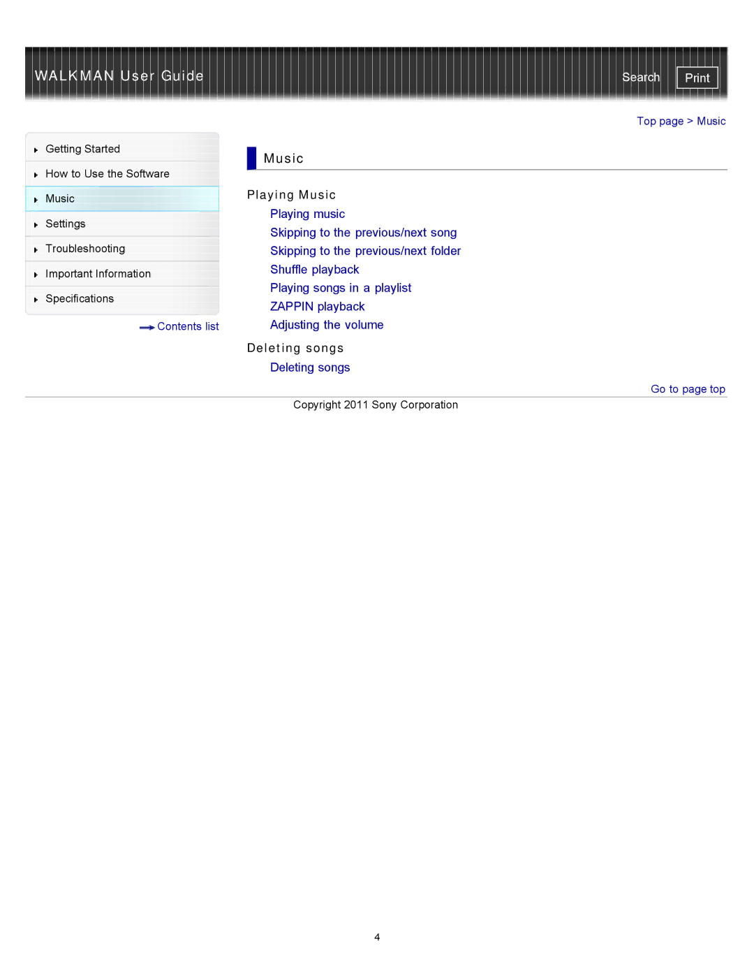 Sony NWZW263BLK, NWZ-W263, NWZ-W262, NWZW262MEB, NWZW262WHI, NWZW262BLK specifications Playing Music, Deleting songs 