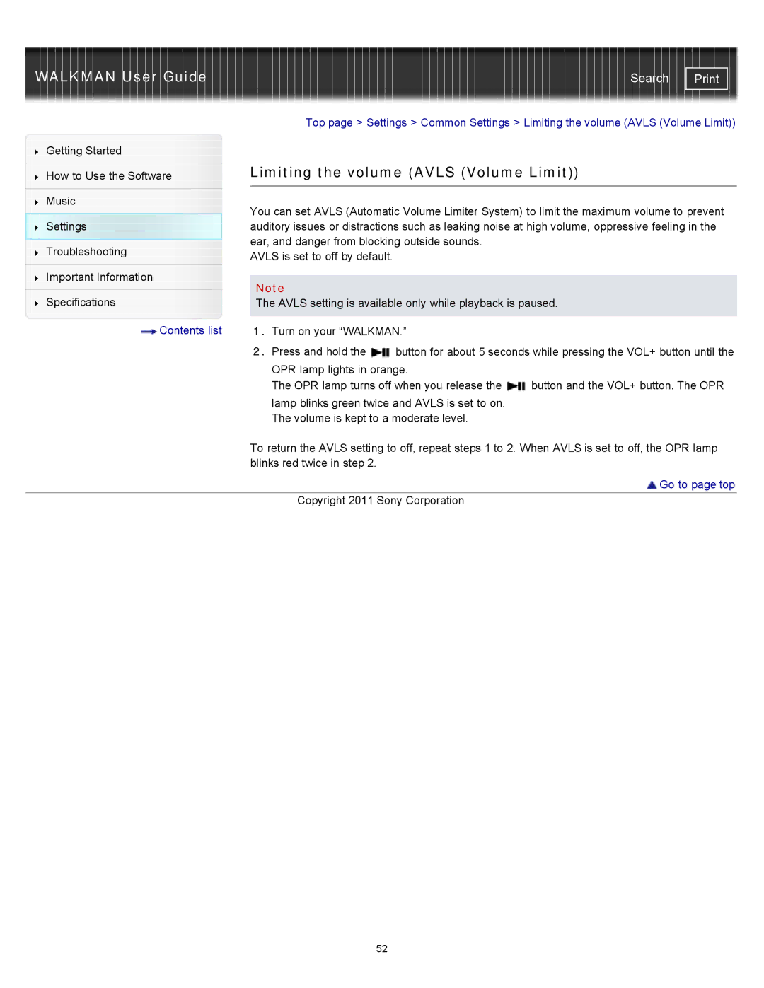 Sony NWZW263BLK, NWZ-W263, NWZ-W262, NWZW262MEB, NWZW262WHI, NWZW262BLK specifications Limiting the volume Avls Volume Limit 