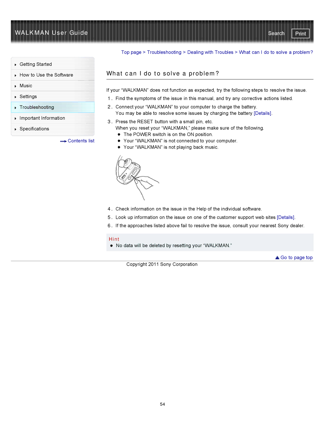 Sony NWZ-W263, NWZ-W262, NWZW262MEB, NWZW262WHI, NWZW263BLK, NWZW262BLK specifications What can I do to solve a problem?, Hint 