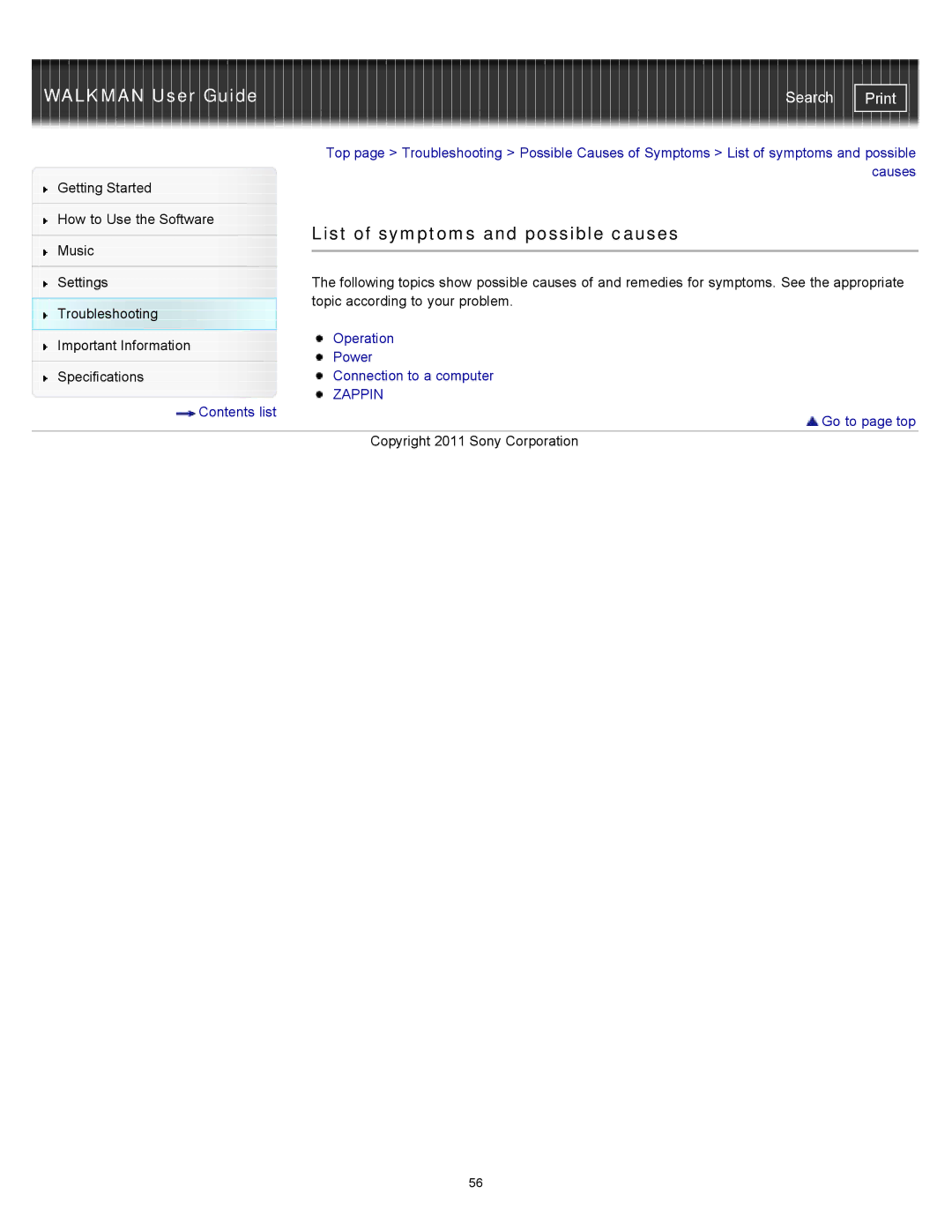 Sony NWZW262MEB, NWZ-W263, NWZ-W262, NWZW262WHI, NWZW263BLK, NWZW262BLK specifications List of symptoms and possible causes 