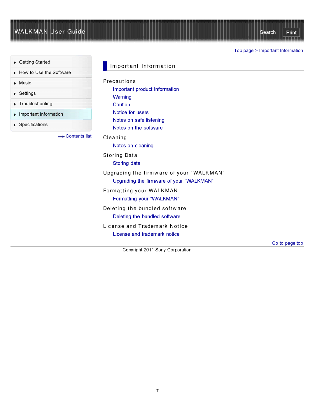 Sony NWZ-W262, NWZ-W263, NWZW262MEB, NWZW262WHI, NWZW263BLK, NWZW262BLK specifications Important Information 