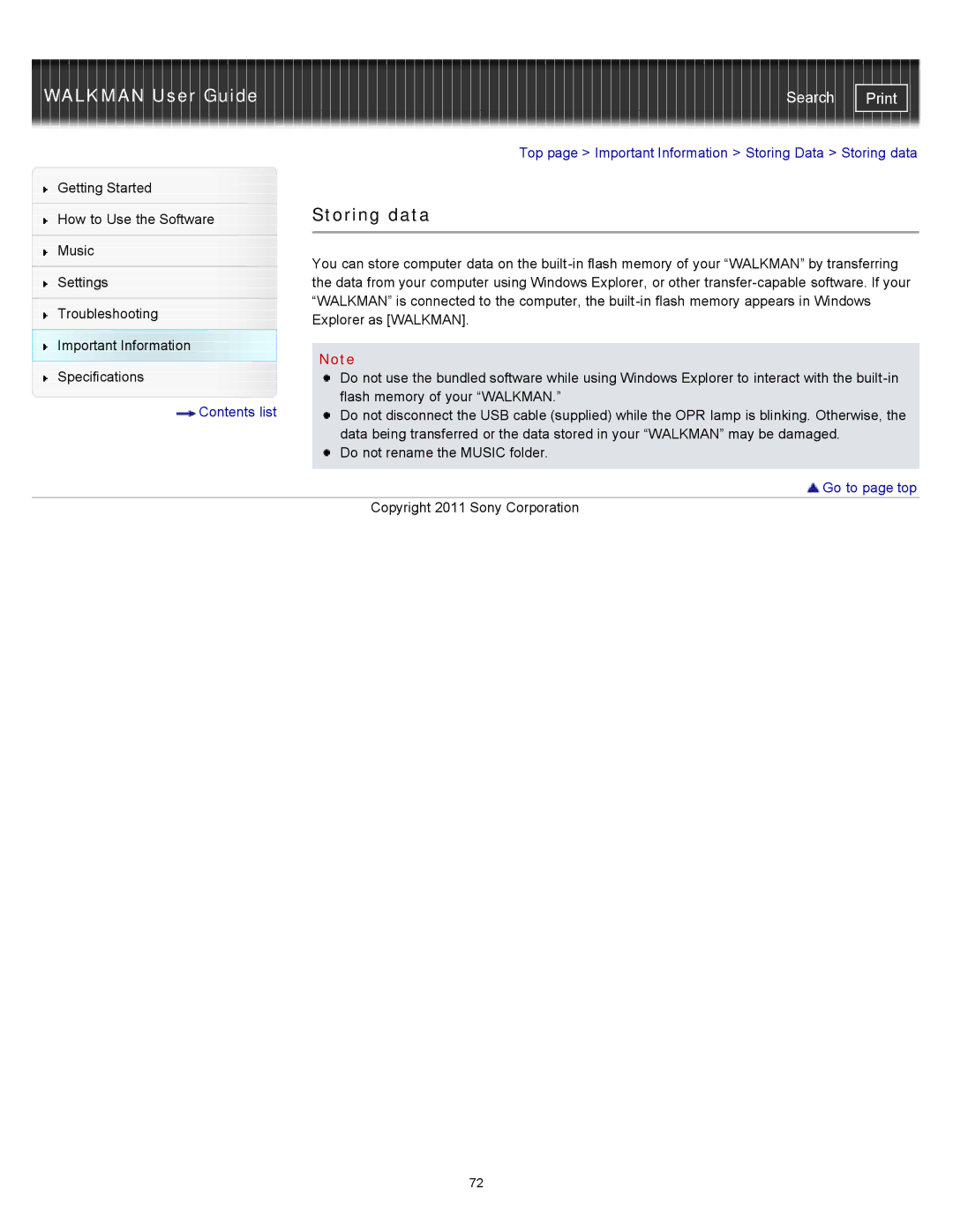 Sony NWZ-W263, NWZ-W262, NWZW262MEB, NWZW262WHI, NWZW263BLK, NWZW262BLK specifications Storing data 