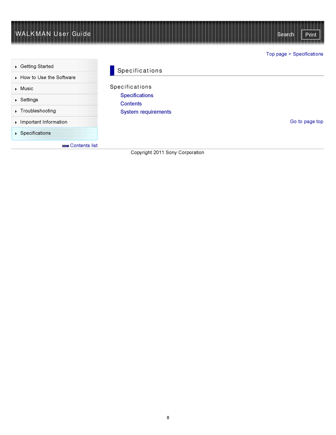 Sony NWZW262MEB, NWZ-W263, NWZ-W262, NWZW262WHI, NWZW263BLK, NWZW262BLK specifications Specifications 