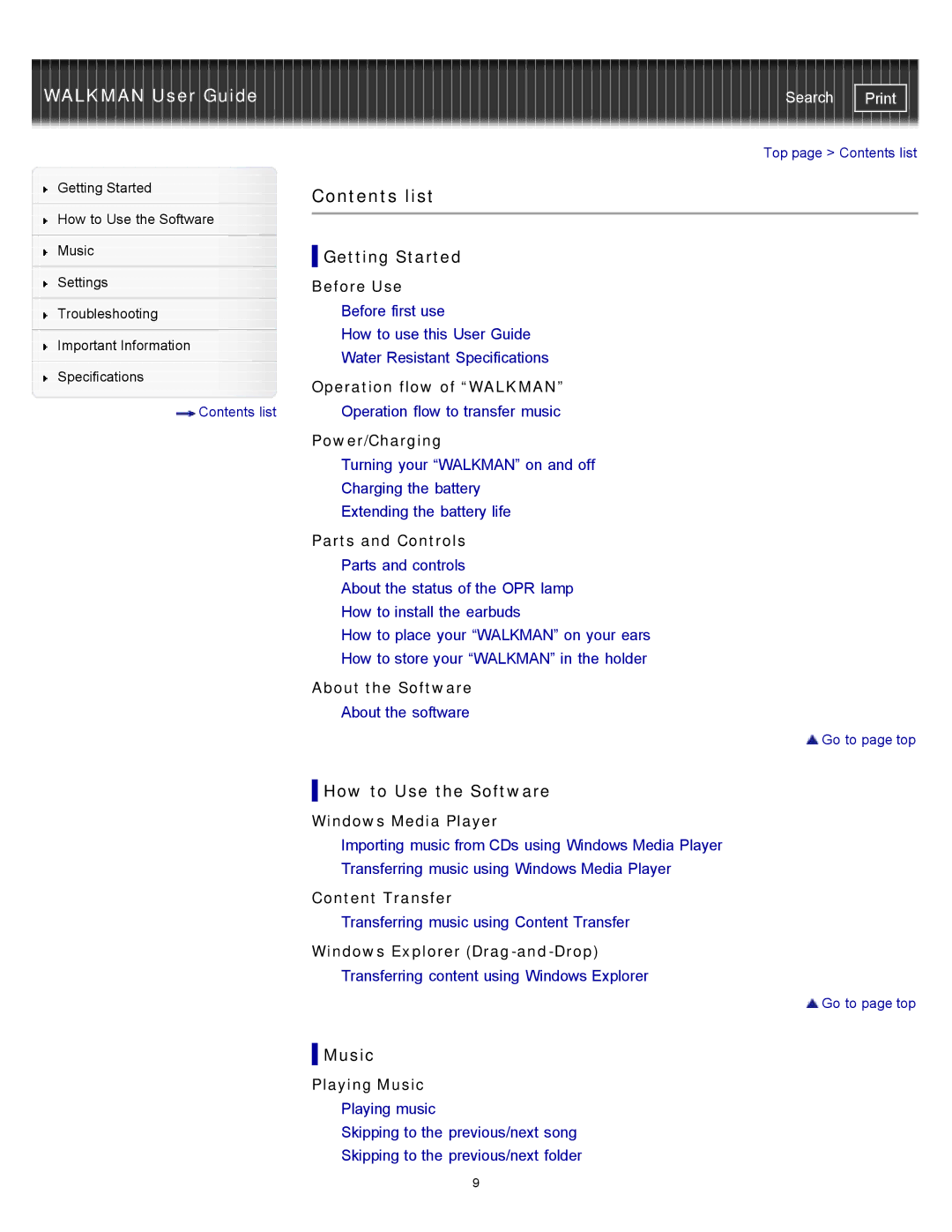 Sony NWZW262WHI, NWZ-W263, NWZ-W262, NWZW262MEB, NWZW263BLK, NWZW262BLK specifications Contents list 