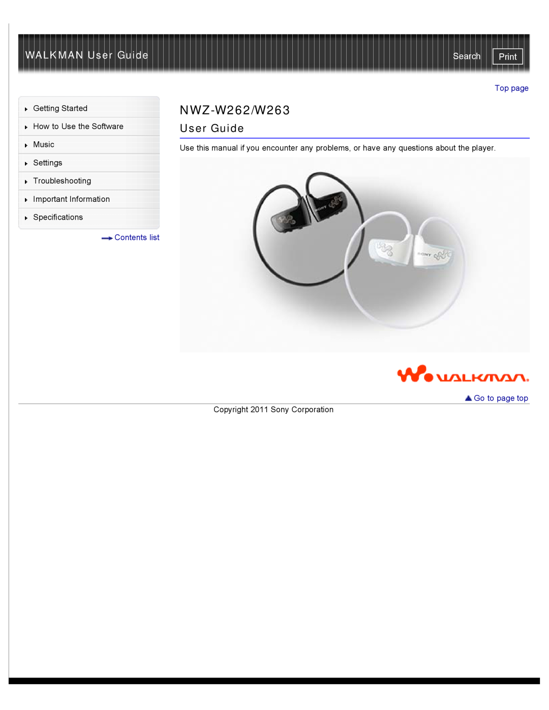 Sony NWZ-W263 specifications WALKMAN User Guide, Search, Print, NWZ-W262/W263, Contents list, Top page, Go to page top 