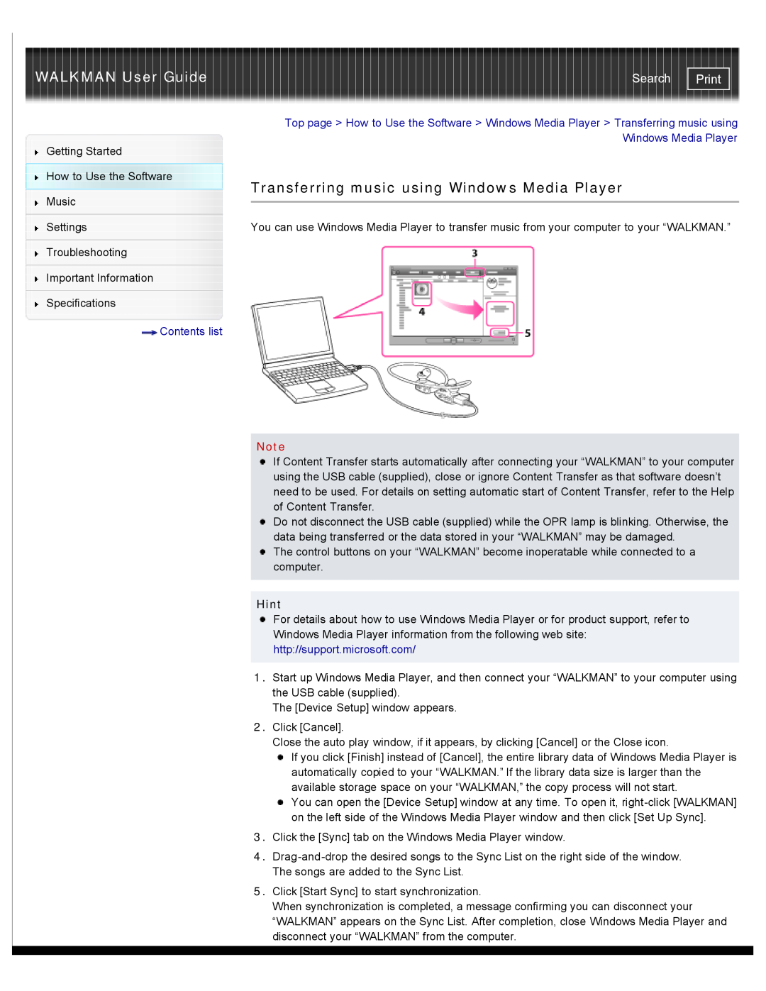 Sony NWZW262BLK, NWZ-W263 Transferring music using Windows Media Player, WALKMAN User Guide, Search, Print, Contents list 