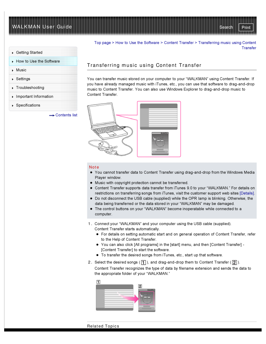 Sony NWZ-W262, NWZ-W263 Transferring music using Content Transfer, WALKMAN User Guide, Search, Print, Contents list 