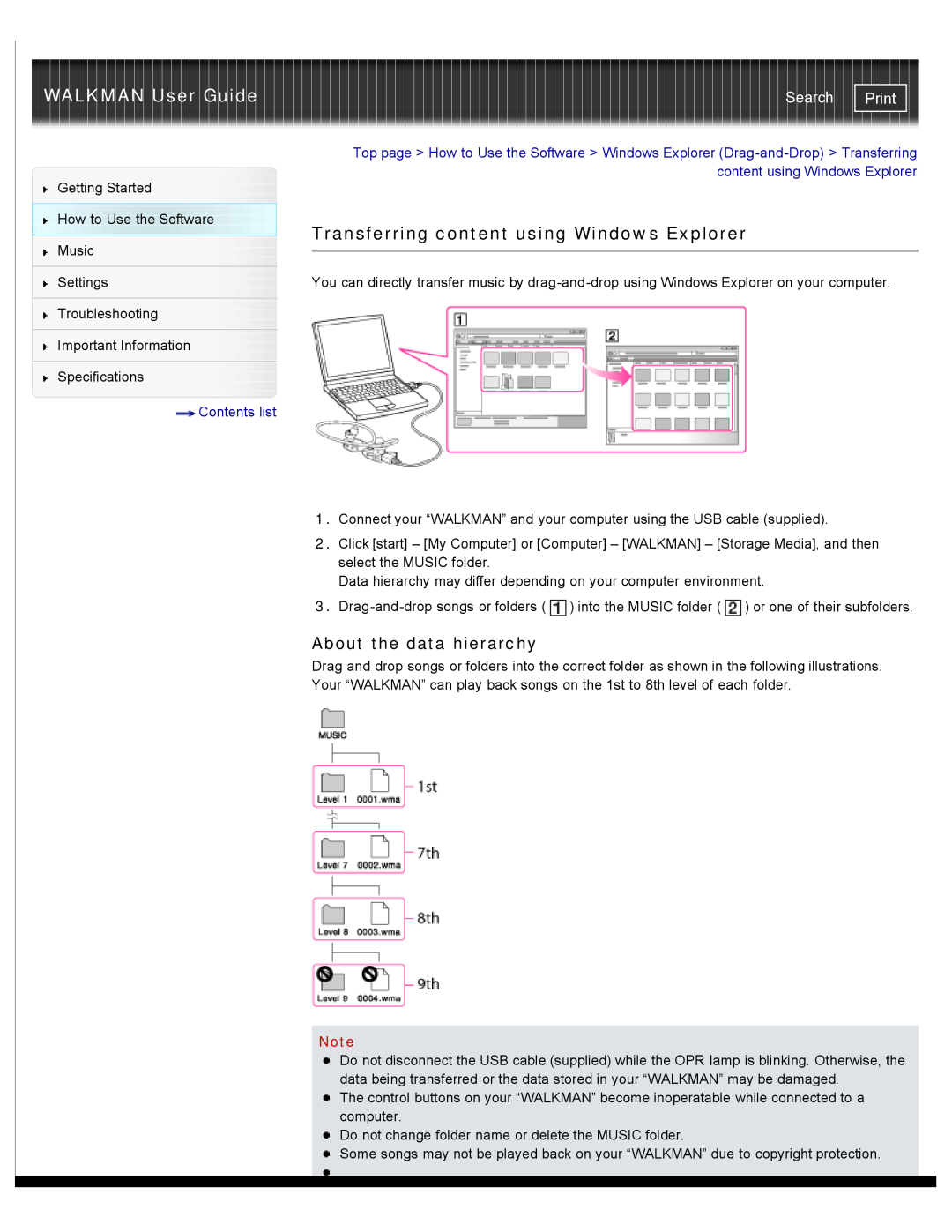 Sony NWZW262WHI Transferring content using Windows Explorer, About the data hierarchy, WALKMAN User Guide, Search, Print 