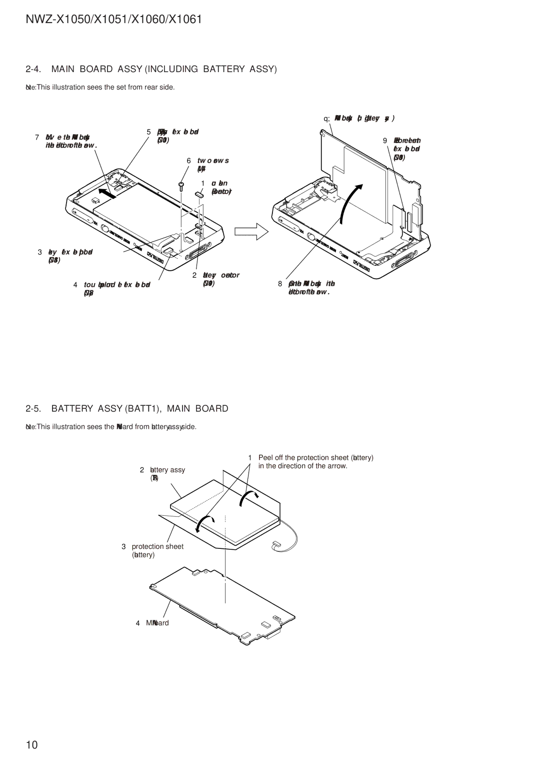 Sony NWZ-X1051 service manual Main Board Assy Including Battery Assy, Battery Assy BATT1, Main Board 