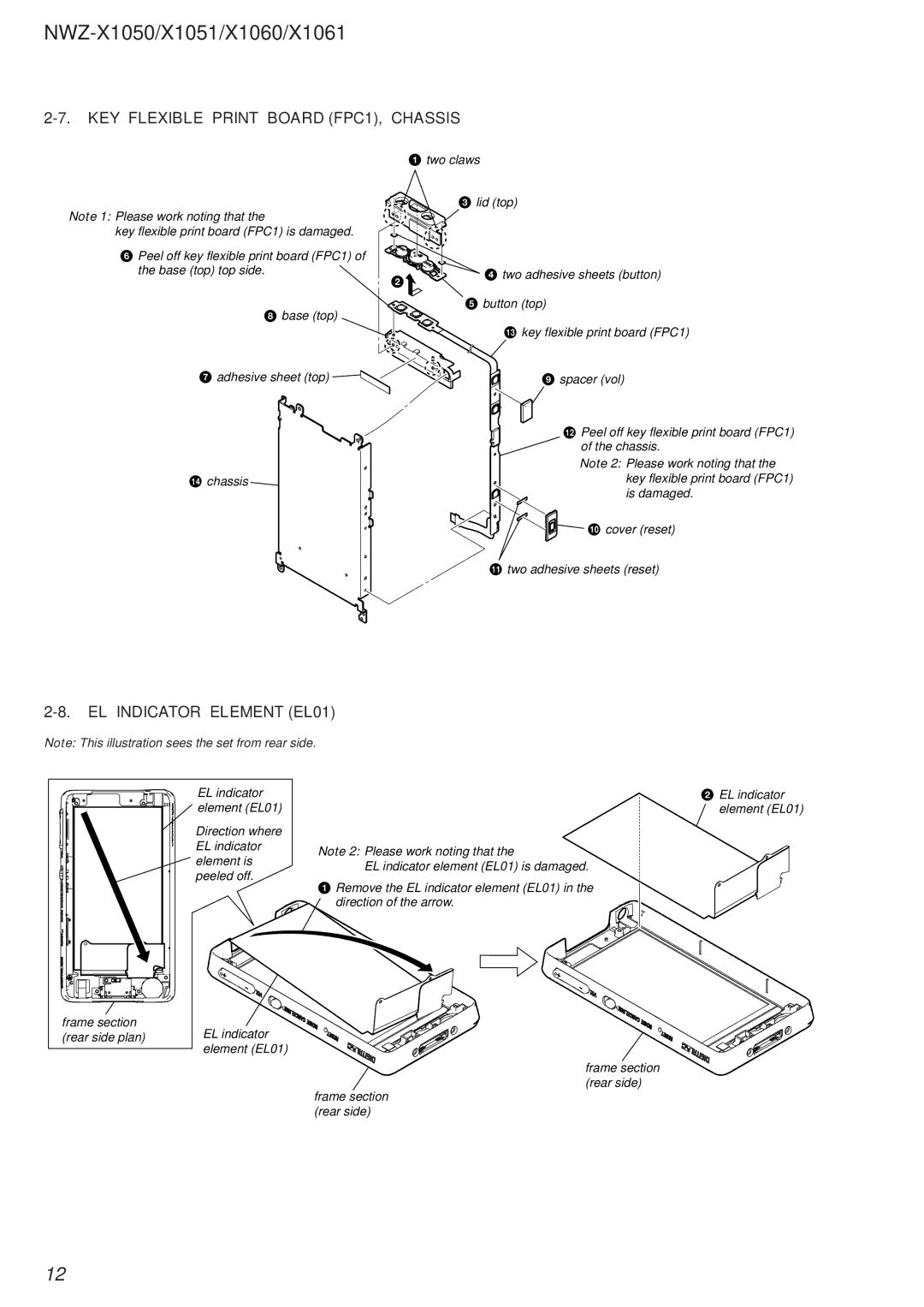 Sony NWZ-X1051 service manual EL Indicator Element EL01, Base top Adhesive sheet top Qf chassis 