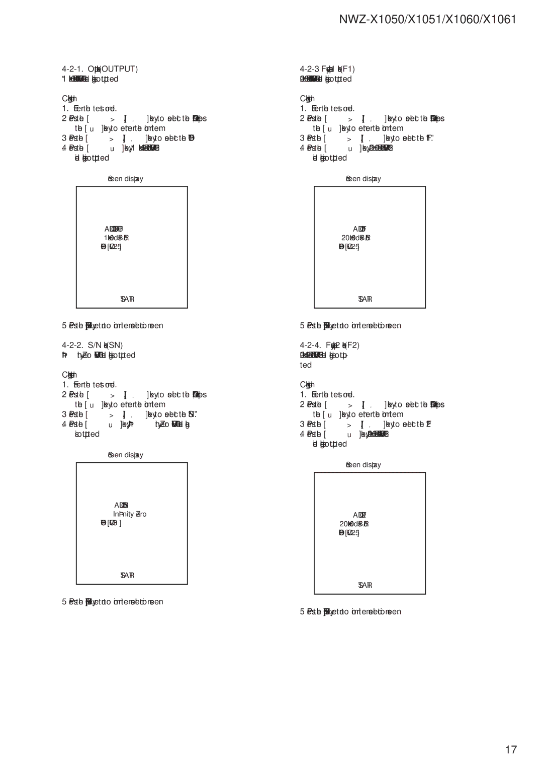 Sony NWZ-X1051 service manual Output check Output, 2. S/N check SN, Frequency characteristic 1 check F1 