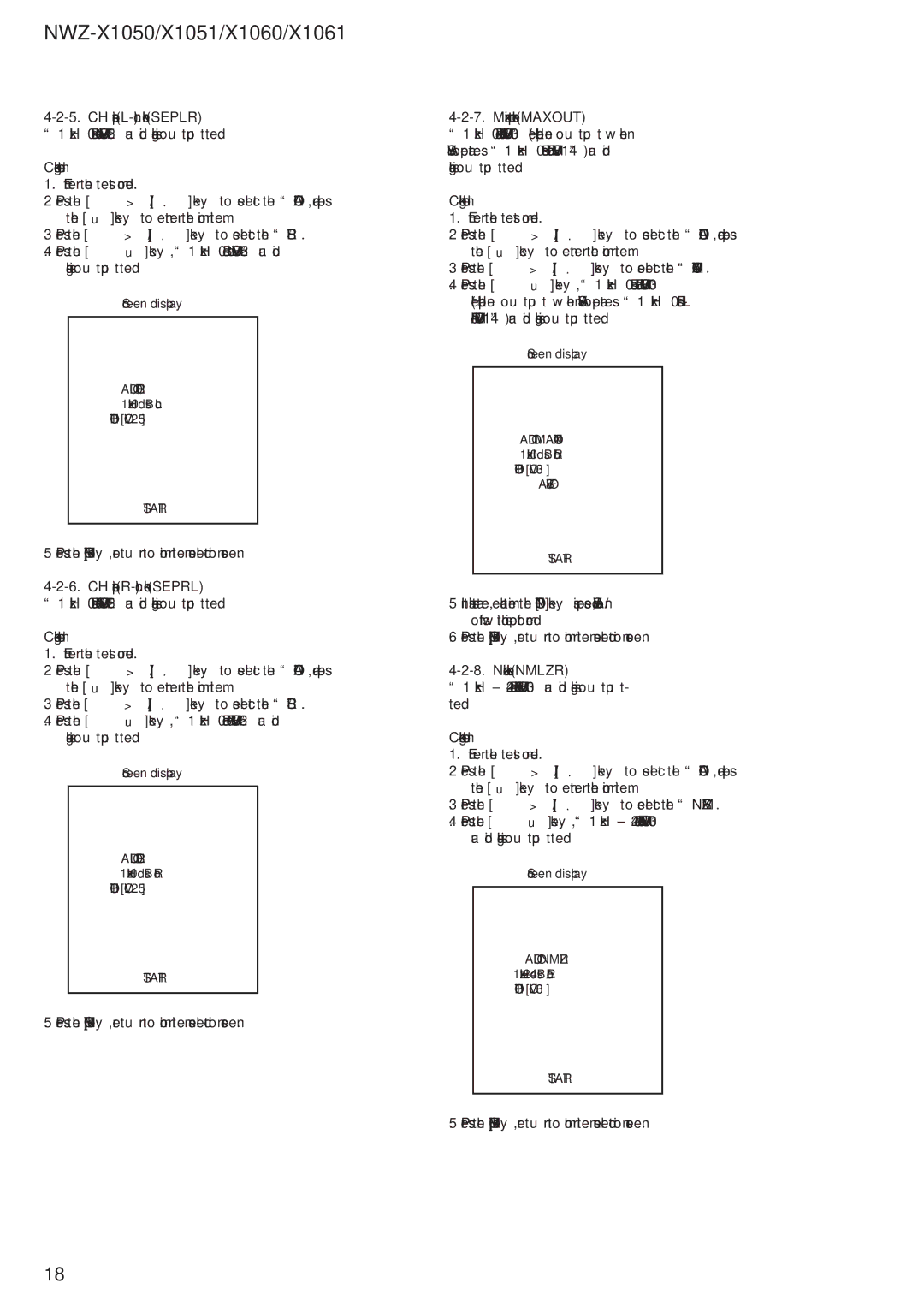 Sony NWZ-X1051 service manual CH separation L-ch check Seplr, CH separation R-ch check Seprl, Maximum output check Maxout 