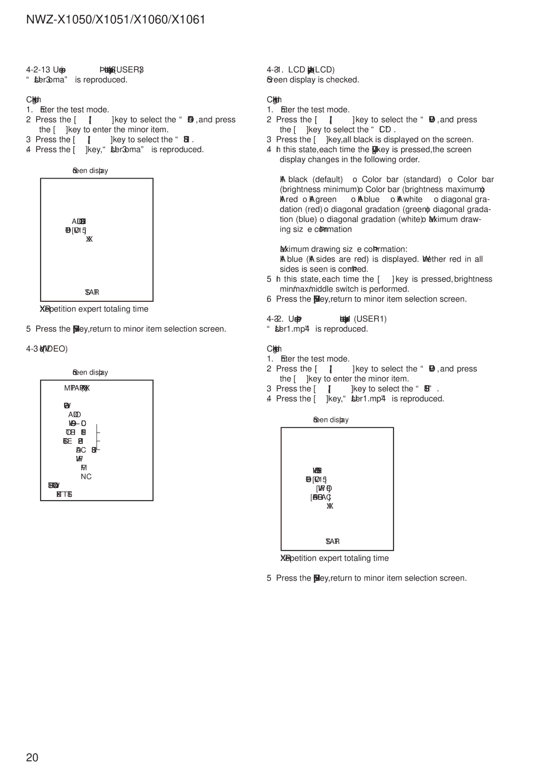 Sony NWZ-X1051 service manual User speciﬁcation contents playback 3 USER3, Video Video, LCD display check LCD 