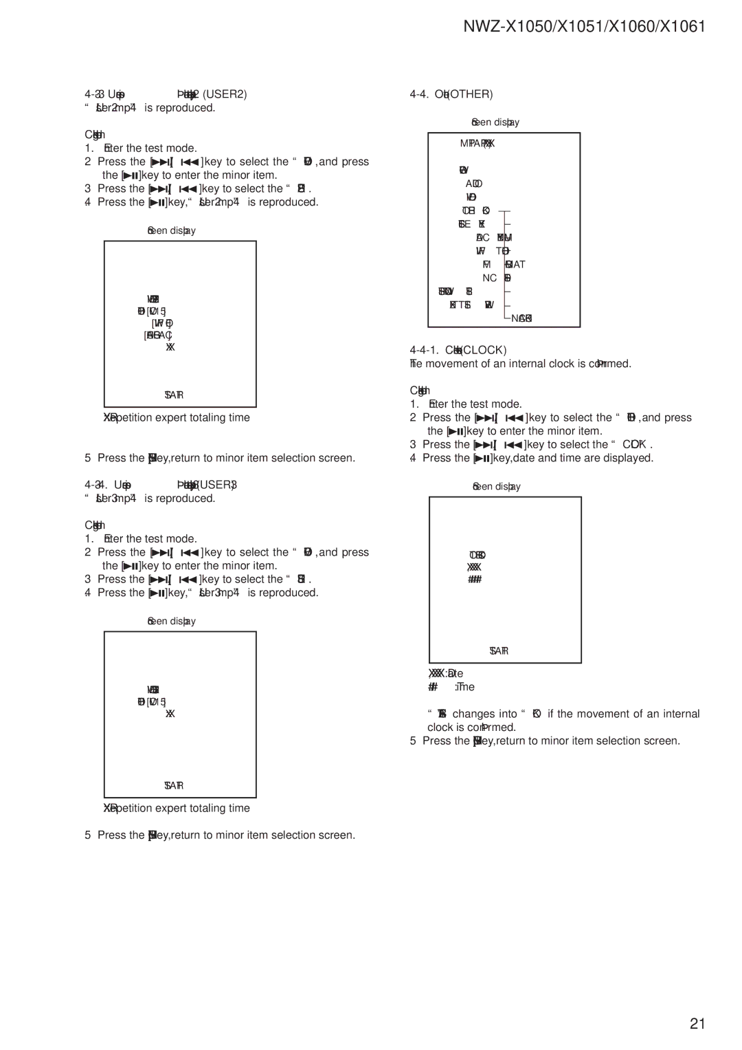 Sony NWZ-X1051 service manual User speciﬁcation contents playback 2 USER2, Other Other, Clock check Clock 