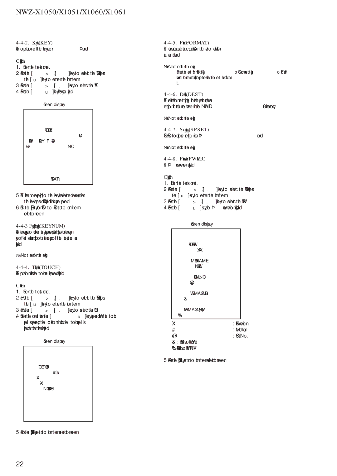 Sony NWZ-X1051 Key check KEY, Format Format, Destination setting Dest, Sound pressure regulation setting Spset 