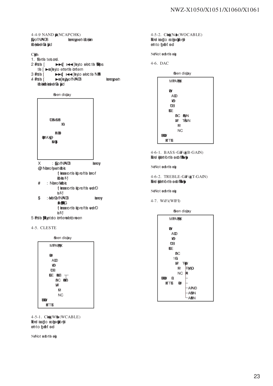 Sony NWZ-X1051 Nand capacity check Ncapchk, Clear stereo setting No cable Wocable, Dac, BASS-Gain/Fc setting B-GAIN 