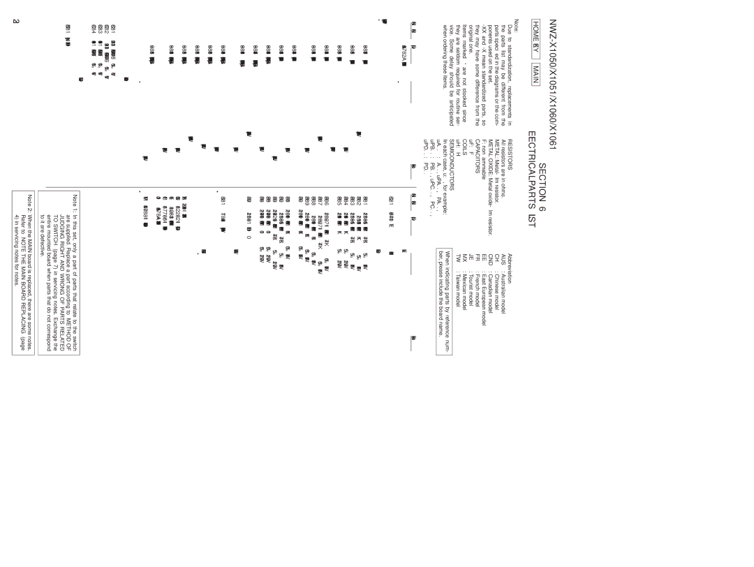 Sony NWZ-X1051 service manual Section Electrical Parts List, Home KEY Main 