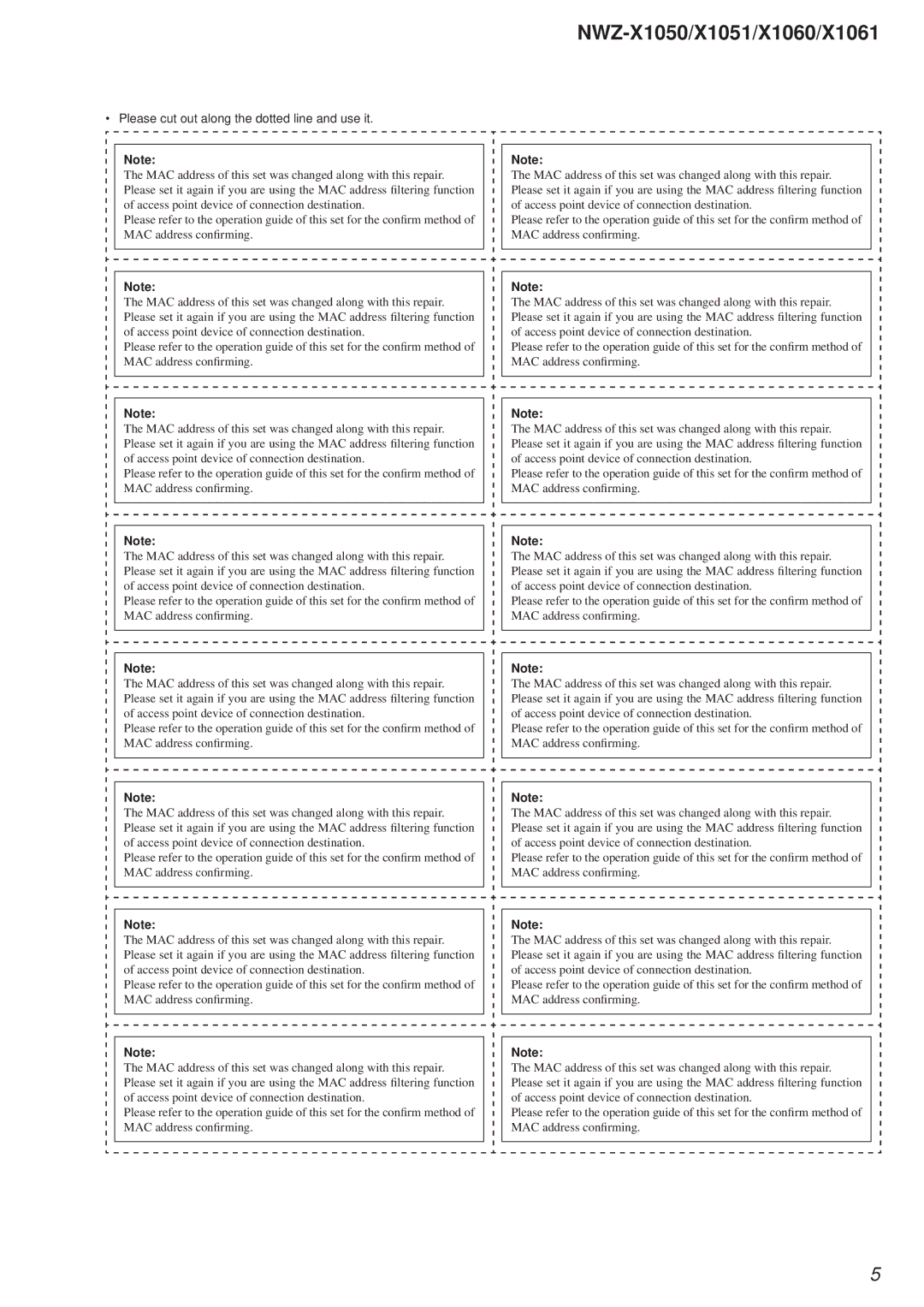 Sony NWZ-X1051 service manual Please cut out along the dotted line and use it 