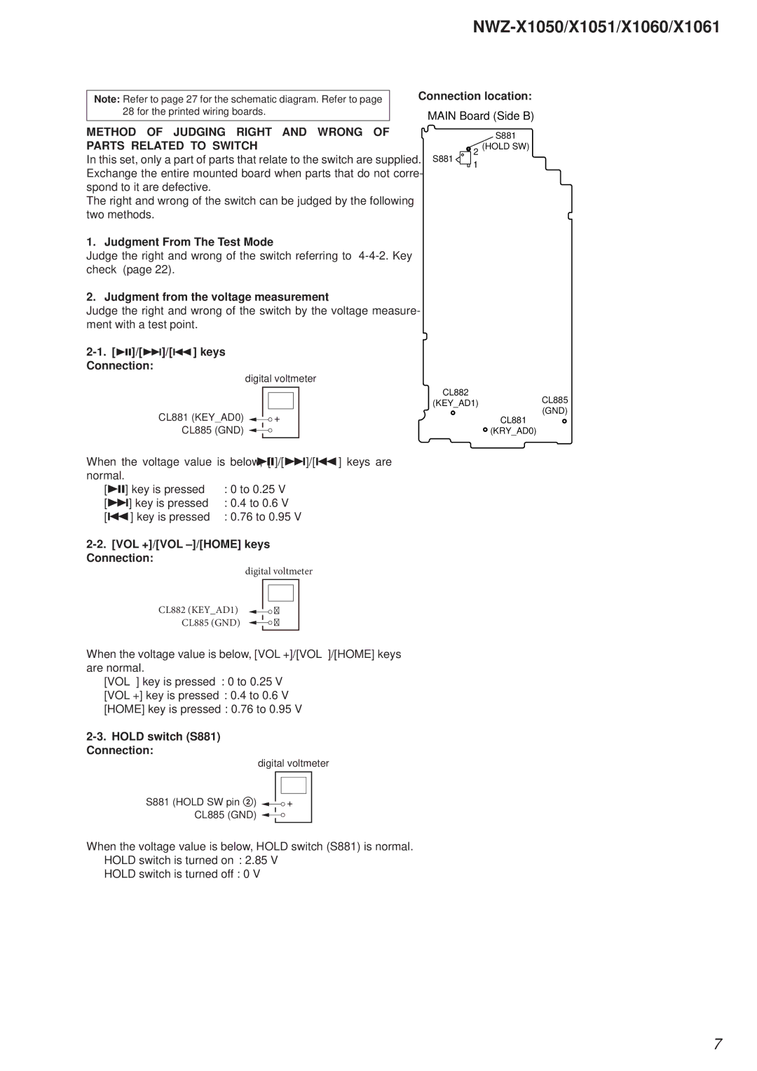 Sony NWZ-X1051 service manual Judgment From The Test Mode, Judgment from the voltage measurement, U//. keys Connection 