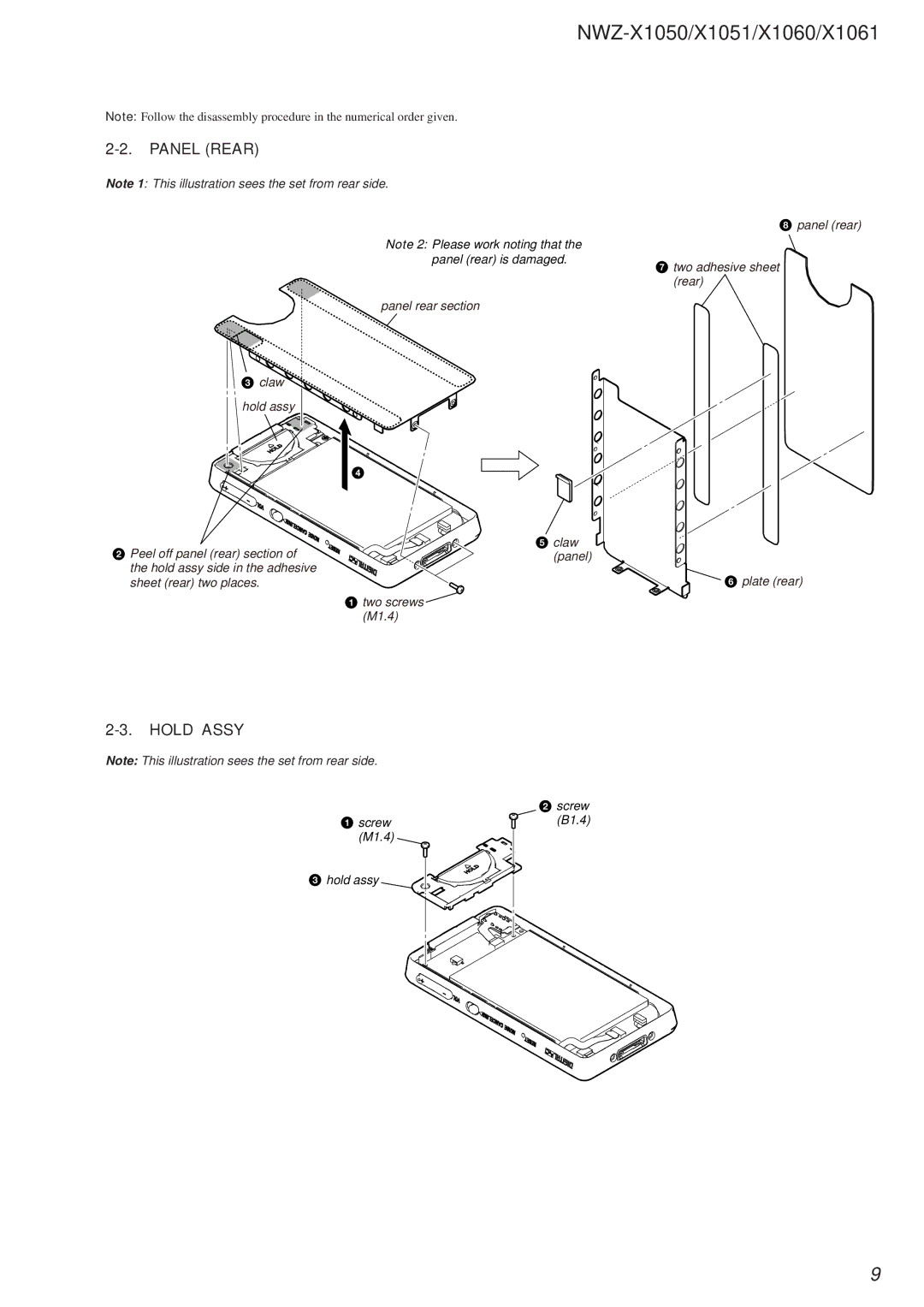 Sony NWZ-X1051 service manual Panel Rear, Hold Assy 