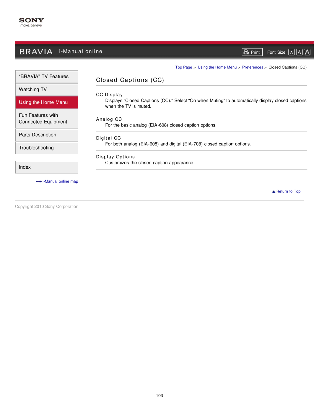 Sony NX80X manual Closed Captions CC, CC Display, Analog CC, Digital CC, Display Options 