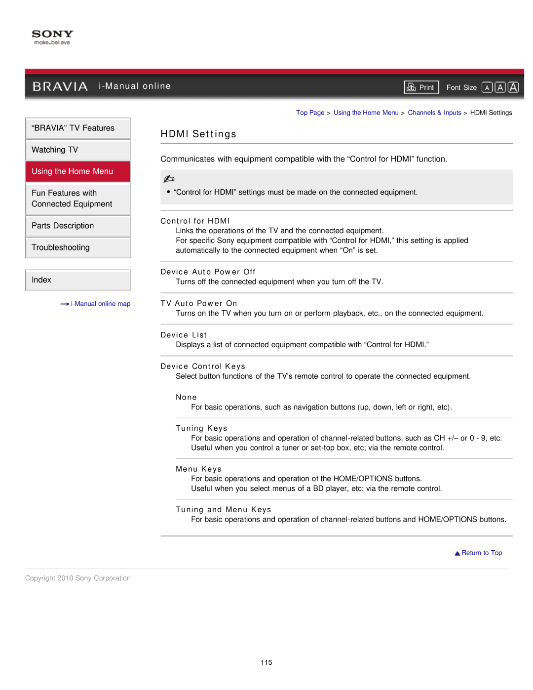 Sony NX80X Control for Hdmi, Device Auto Power Off, TV Auto Power On, Device List, Device Control Keys, None, Tuning Keys 