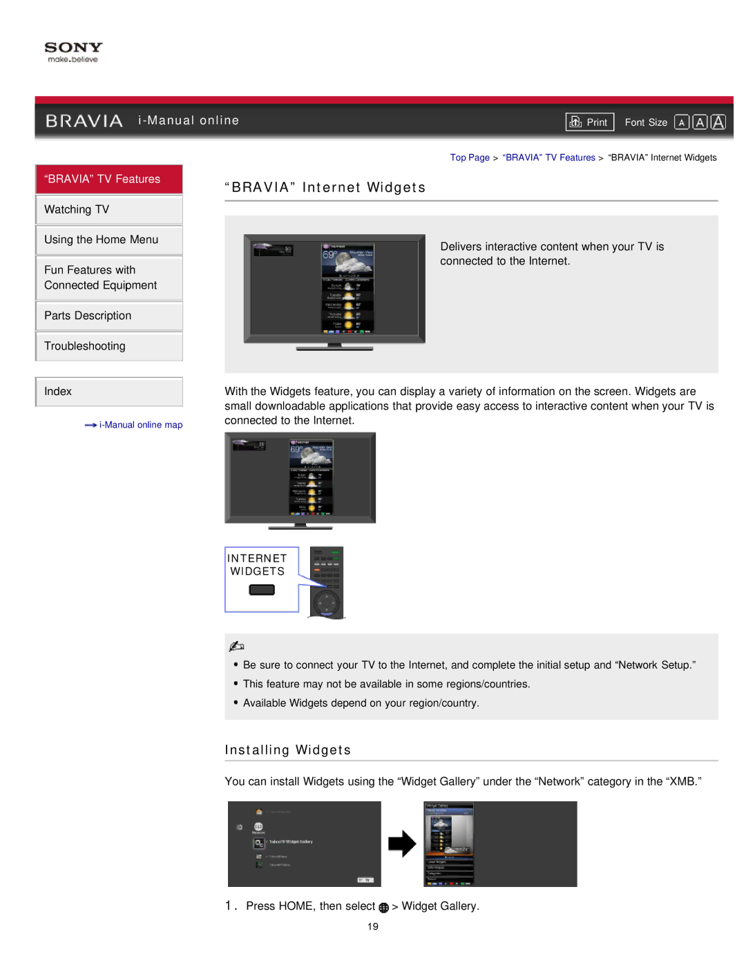 Sony NX80X manual Installing Widgets, Internet Widgets 