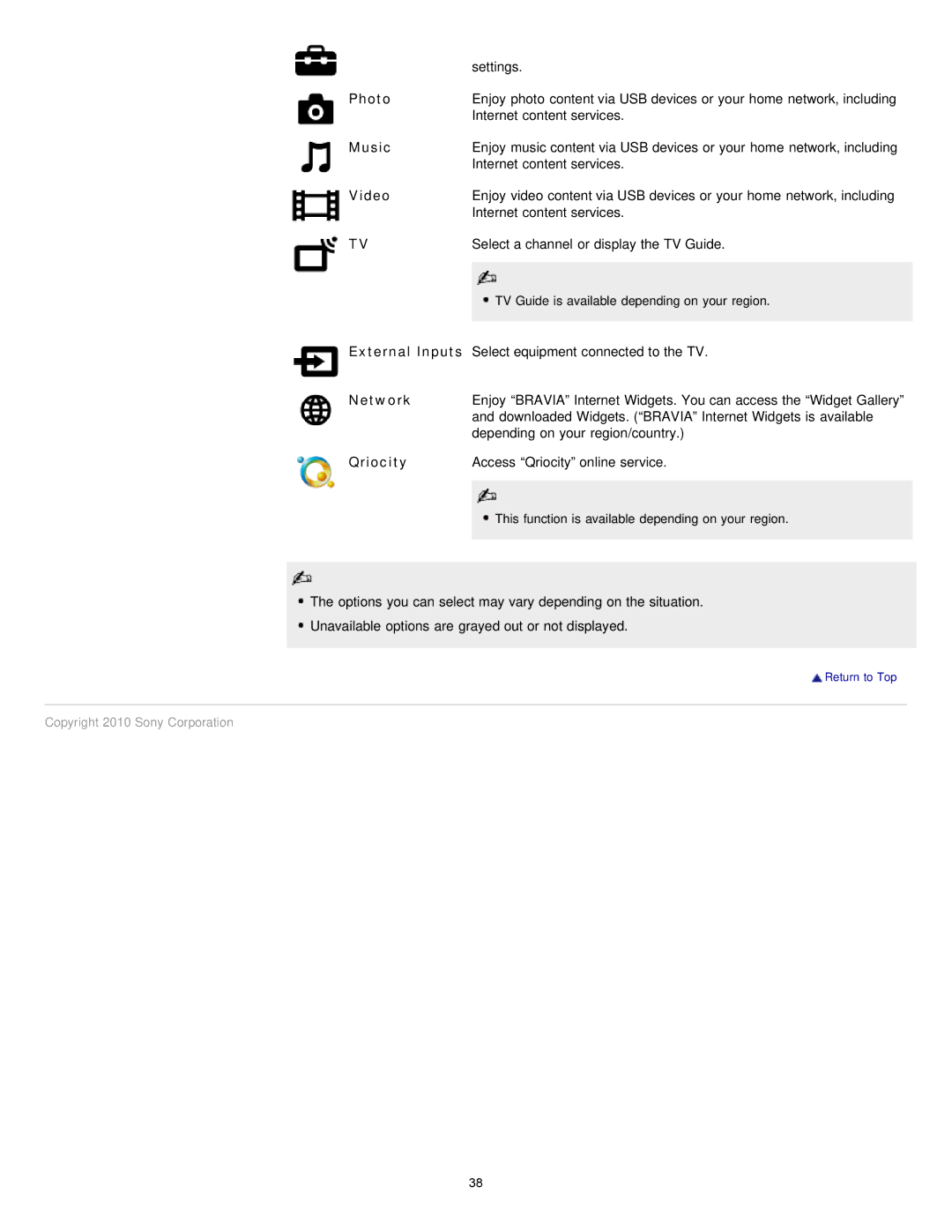 Sony NX80X manual Photo, Music, Video, Network, Qriocity 