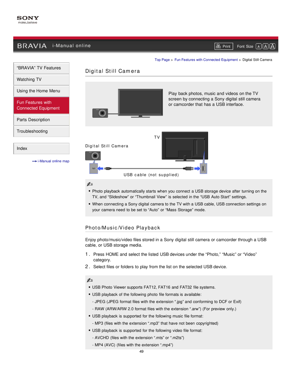 Sony NX80X manual Digital Still Camera, Photo/Music/Video Playback, USB cable not supplied 