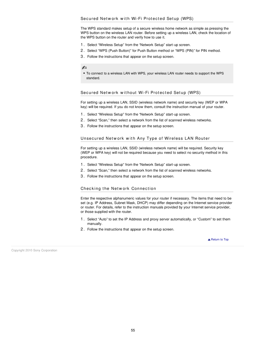 Sony NX80X manual Secured Network with Wi-Fi Protected Setup WPS, Checking the Network Connection 