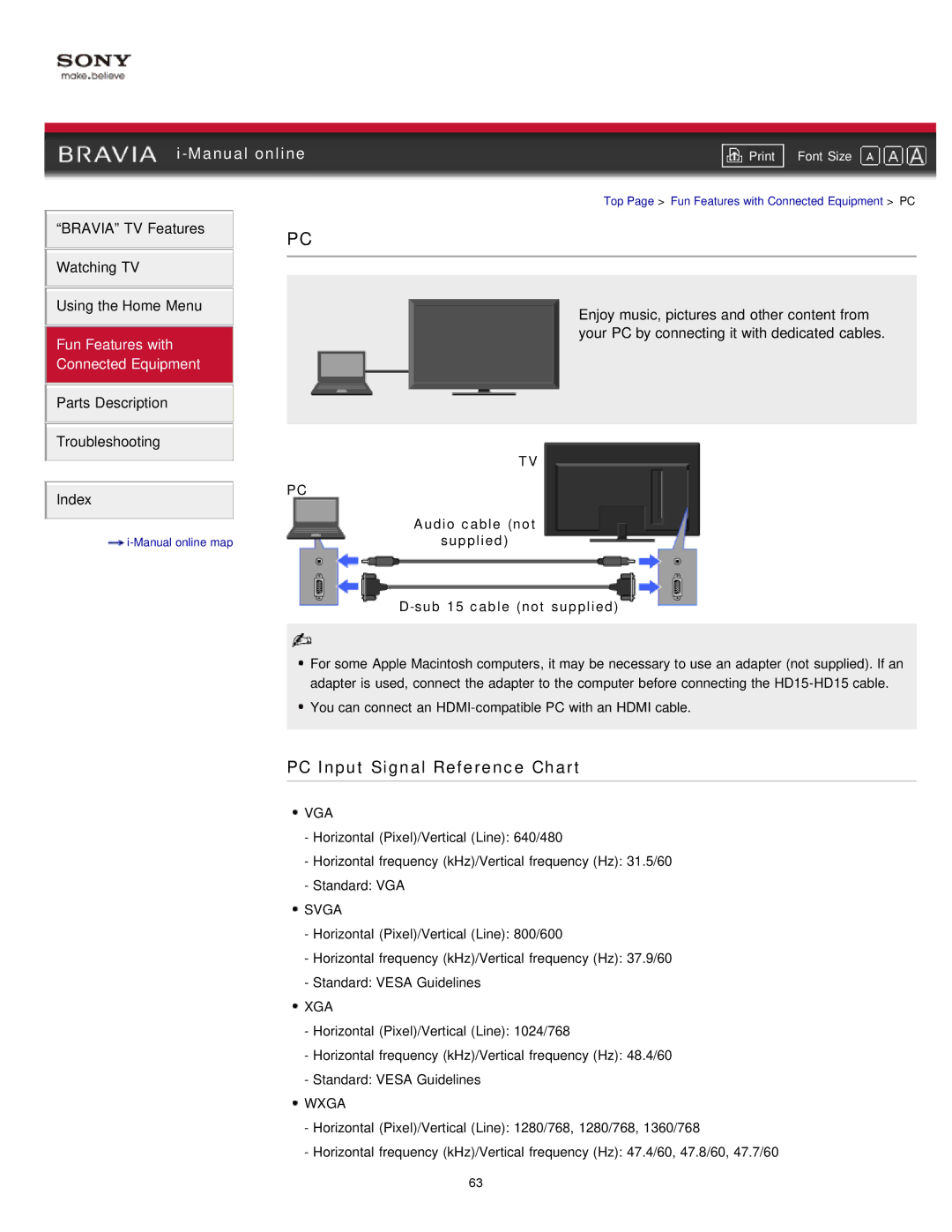 Sony NX80X manual PC Input Signal Reference Chart, Audio cable not Supplied Sub 15 cable not supplied 