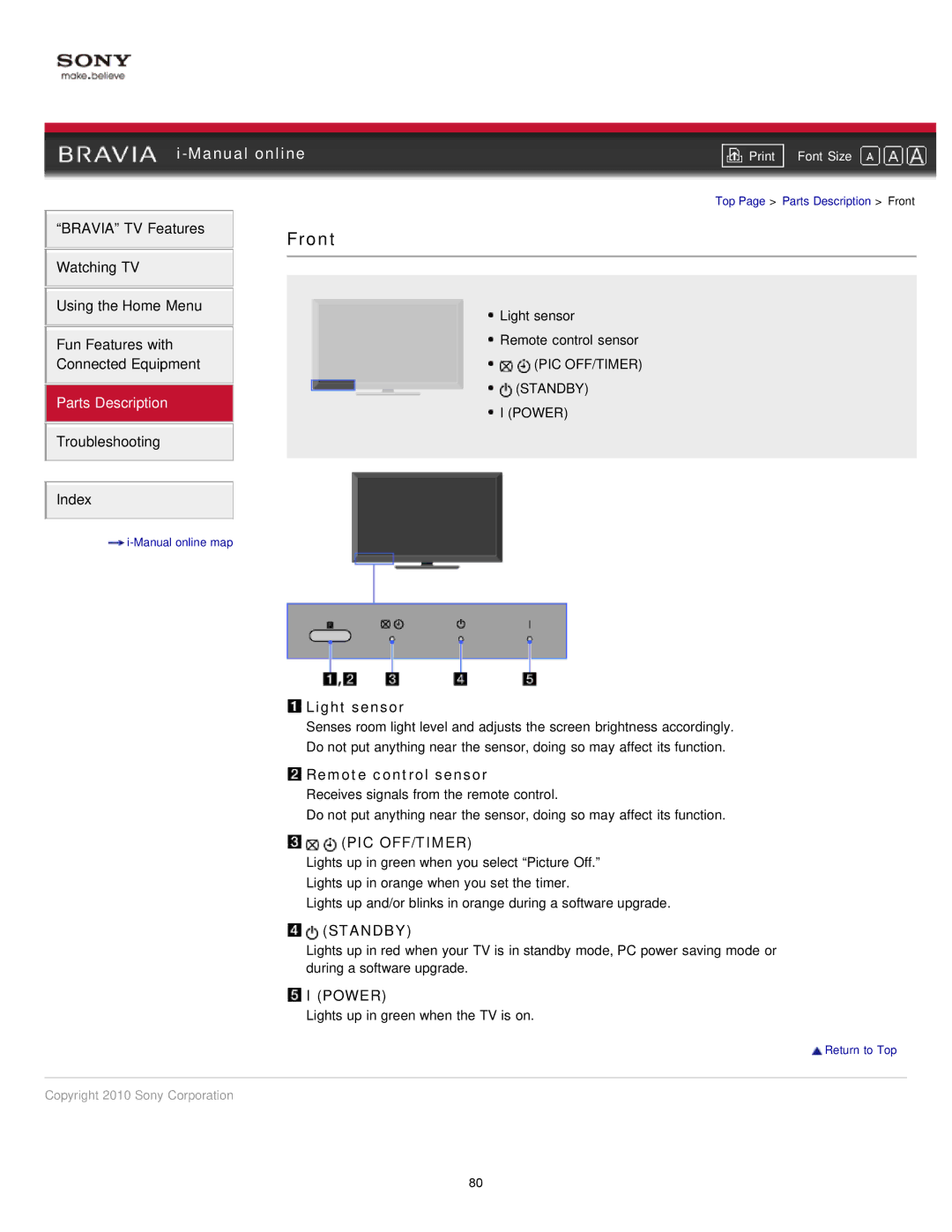 Sony NX80X manual Front, Light sensor, Remote control sensor, Pic Off/Timer, Standby 