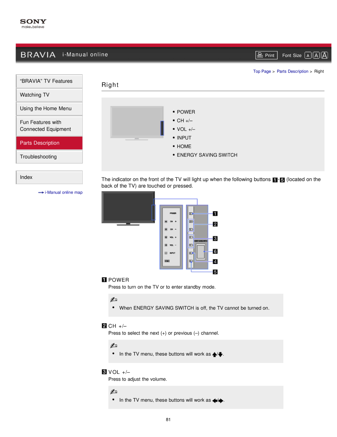 Sony NX80X manual Right, Input Home Energy Saving Switch 