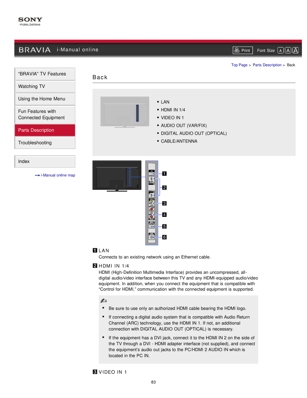 Sony NX80X manual Lan, Hdmi in 1/4 