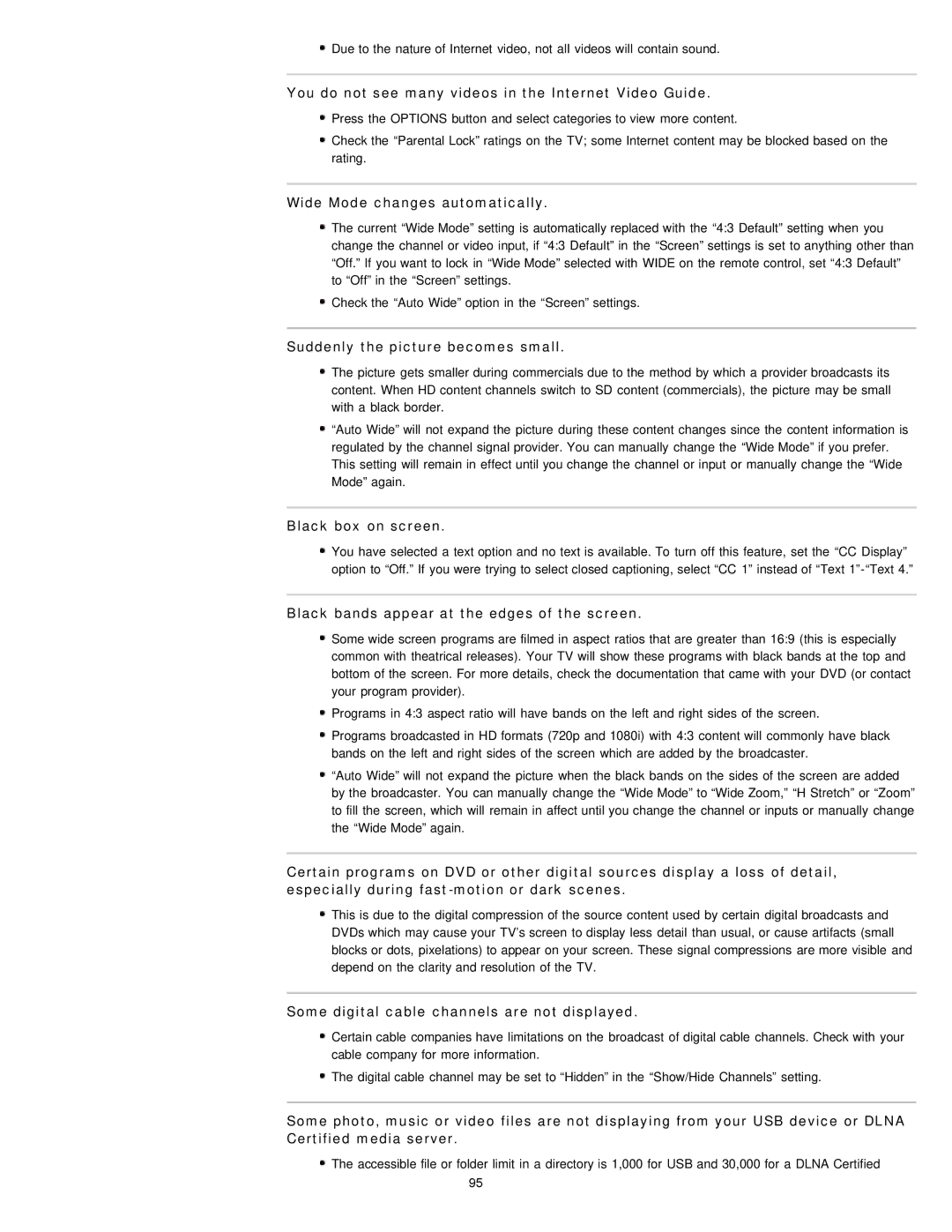 Sony NX80X You do not see many videos in the Internet Video Guide, Wide Mode changes automatically, Black box on screen 