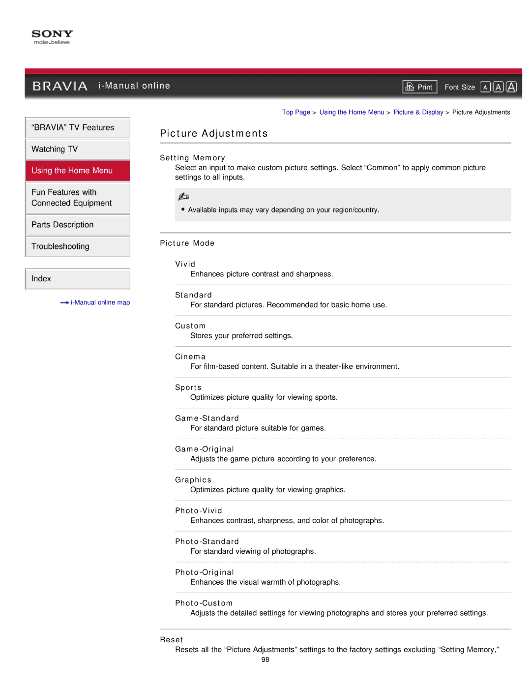 Sony NX80X manual Picture Adjustments 