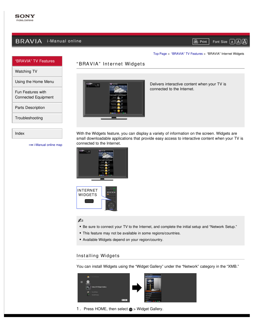 Sony NX80X manual “BRAVIA” Internet Widgets, Installing Widgets, i-Manual online, “BRAVIA” TV Features, Watching TV 