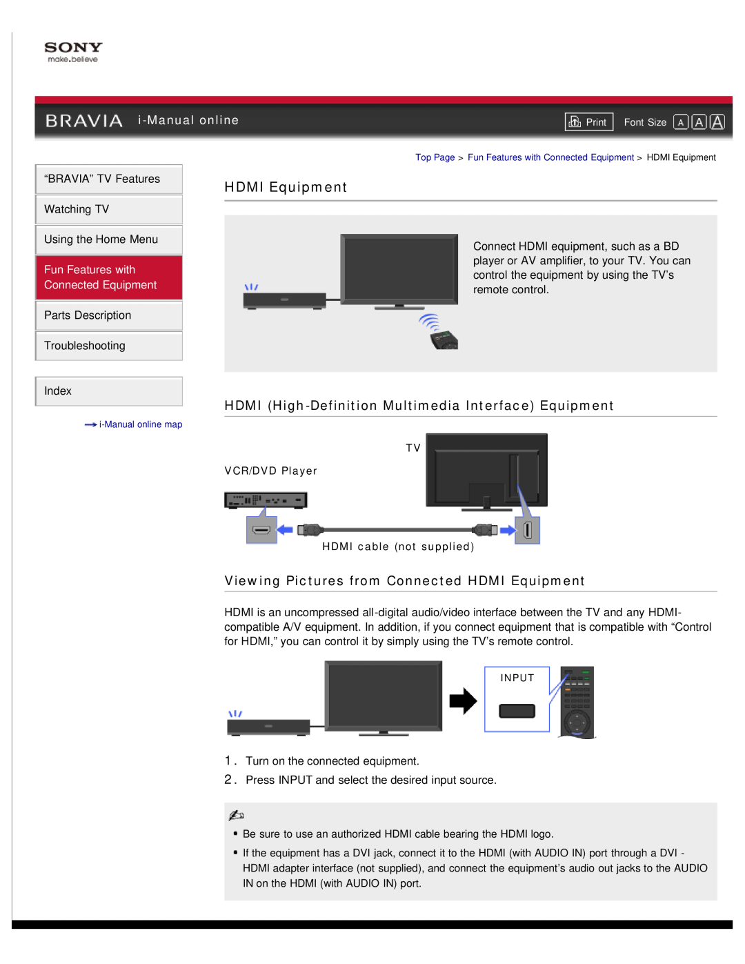 Sony NX80X manual HDMI Equipment, HDMI High-Definition Multimedia Interface Equipment, i-Manual online, TV VCR/DVD Player 