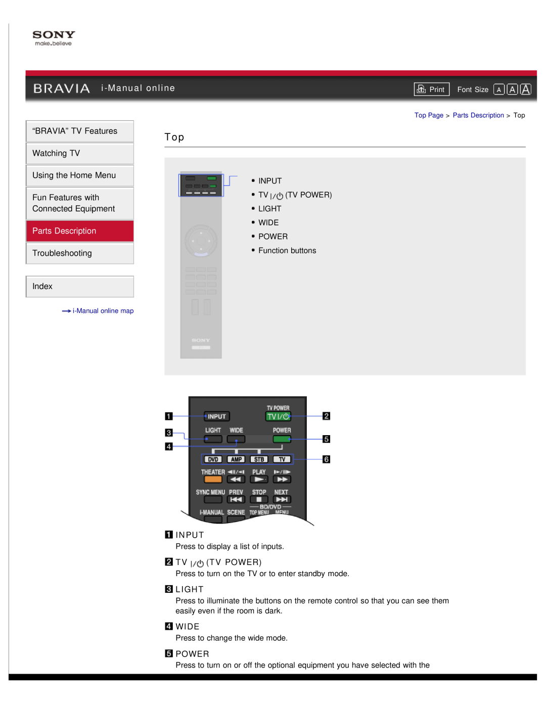 Sony NX80X manual i-Manual online, Parts Description, Input, Tv Tv Power, Light, Wide 