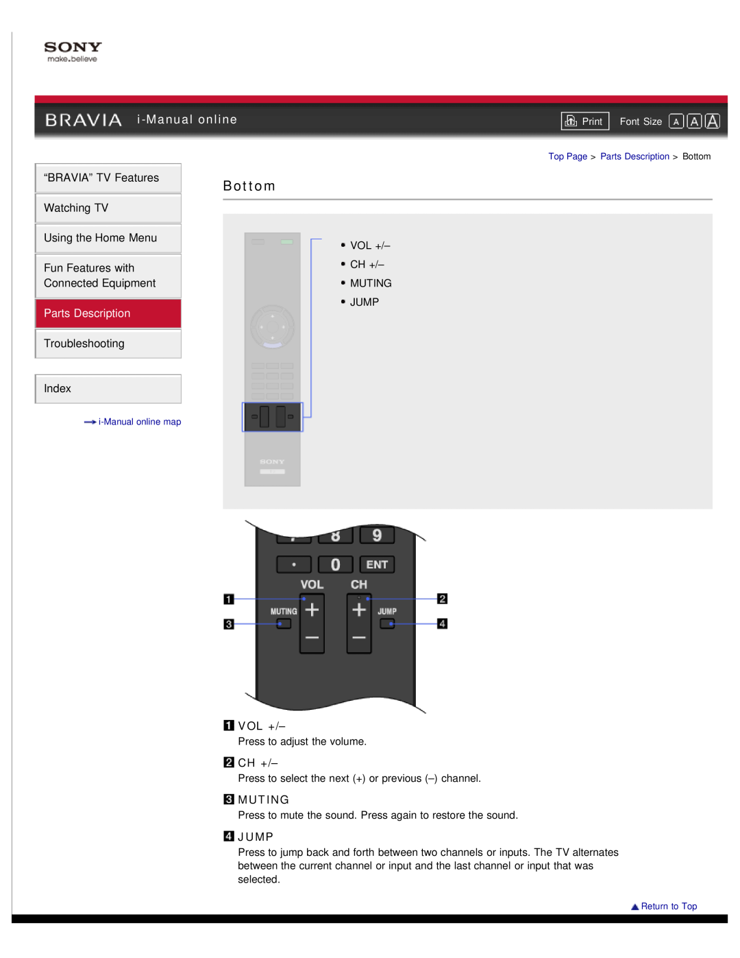 Sony NX80X manual Bottom, i-Manual online, Parts Description, Vol +, Ch +, Muting, Jump 