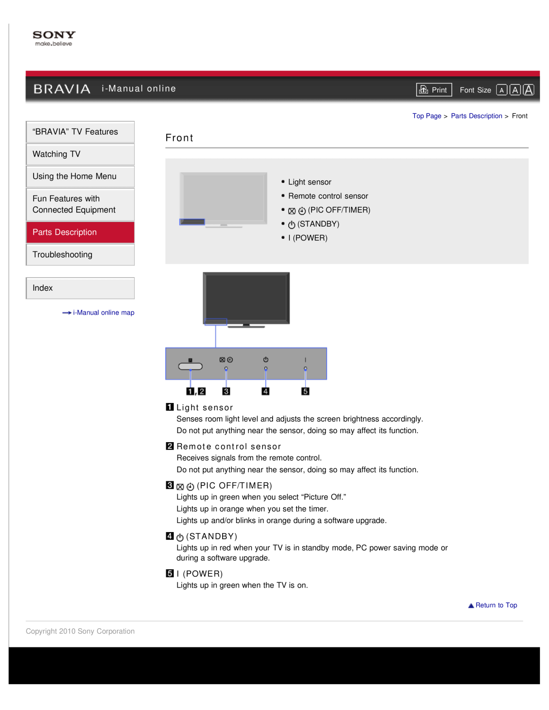 Sony NX80X Front, i-Manual online, Parts Description, Light sensor, Remote control sensor, Pic Off/Timer, Standby, I Power 